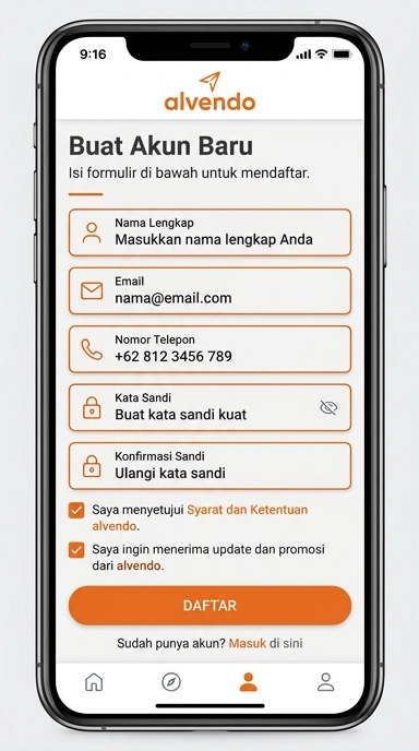Tampilan halaman daftar alvendo