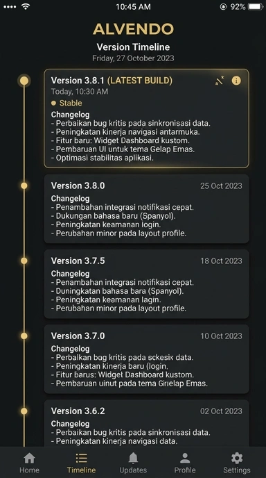 Tampilan riwayat versi alvendo