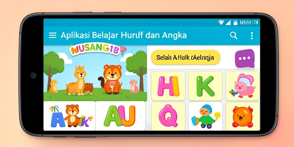 Tampilan antarmuka aplikasi Belajar Huruf dan Angka yang menarik.